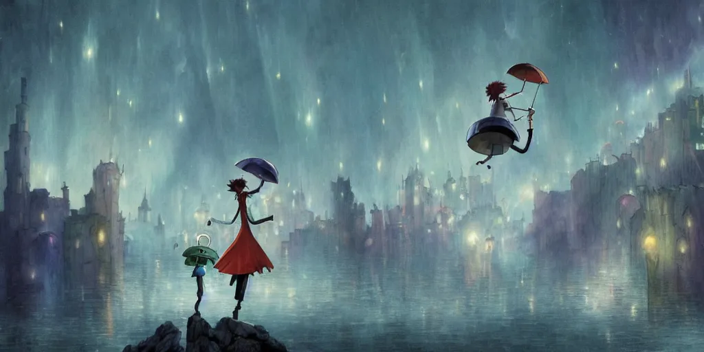 Image similar to a realistic and atmospheric cell - shaded concept art from howl's moving castle ( 2 0 0 4 ) of a multi - colored alien jumping into the air. a man with an umbrella is standing in a boat in a flooded city. it is a misty starry night. very dull muted colors, hd, 4 k, hq