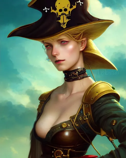 Prompt: a beautiful close up portrait 2D illustration of a young female steampunk pirate wearing leather armor on gold and red trimmings on green, by Charlie Bowater, tom bagshaw, Artgerm and Lois Van Baarle, beautiful anime face, very cool pose, pirate ship with an epic sky background, pondering face, smart look, cinematic anime lighting and composition, fantasy painting, very detailed, ornate, trending on artstation and pinterest, deviantart, google images