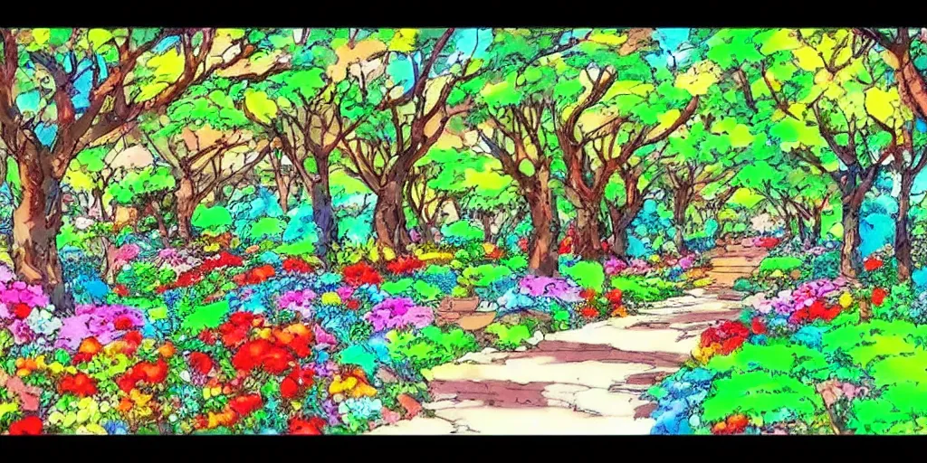 Image similar to a !!!!beautiful landscape of multi coloured flowers, trees and bushes. Anime style.