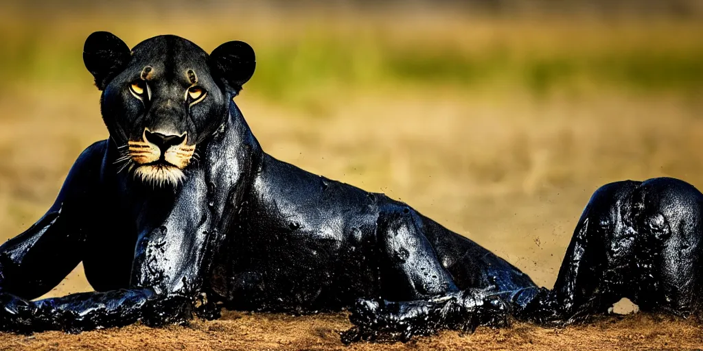 Prompt: a black lioness, made of smooth black goo, bathing inside the lake of black goo, viscous, sticky, full of tar, covered with black goo. dslr, photography, realism, animal photography, color, savanna, wildlife photography, black goo