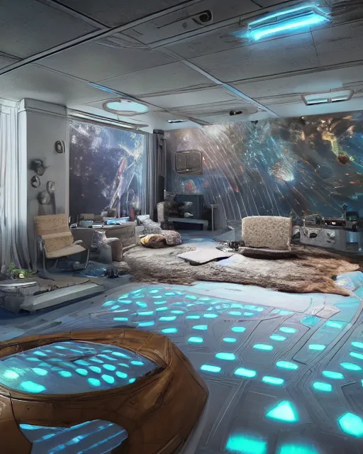 Image similar to artstation scifi scene of a safe room as ikea ad, lounge furniture, carpeted floor, sky mural on the room ceiling, holographic nature art walls, large terrarium, paneled walls, unreal engine 5, hyper realism, realistic shading, cinematic composition, blender render, octane render, hdr, detailed textures, photorealistic, wide shot