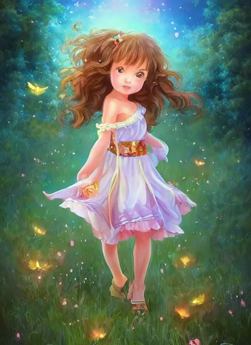 Image similar to A cute little girl with shoulder length curly brown hair with a happy expression wearing a summer dress dancing with fireflies, she is in the distance. beautiful fantasy art by By Artgerm and Hayao Miyazaki, trending on artstation.