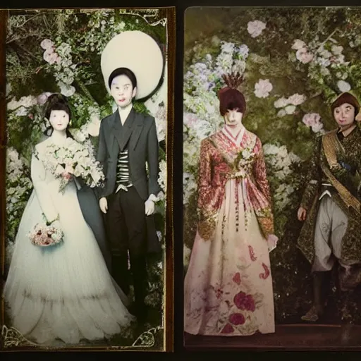 Image similar to A Russian and Japanese mix historical fantasy of a photograph taken of the royal wedding floral covered isle inspired by a enchanted ethereal forest, 1907 photo from the official wedding photographer for the royal wedding.