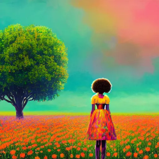 Image similar to afro made of colorful flowers, full body, girl standing in the middle of a field with flowers, surreal photography, hills, big trees, sunrise dramatic light, impressionist painting, colorful clouds, digital painting, pointillism, artstation, simon stalenhag