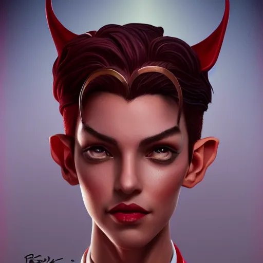 Prompt: portrait of a beautiful nonbinary actor with dark tan skin and messy short red hair wearing a men's suit, she has elf ears and gold eyes, by Gerald Brom and Ross Tran, dramatic lighting, 4K, trending on artstation