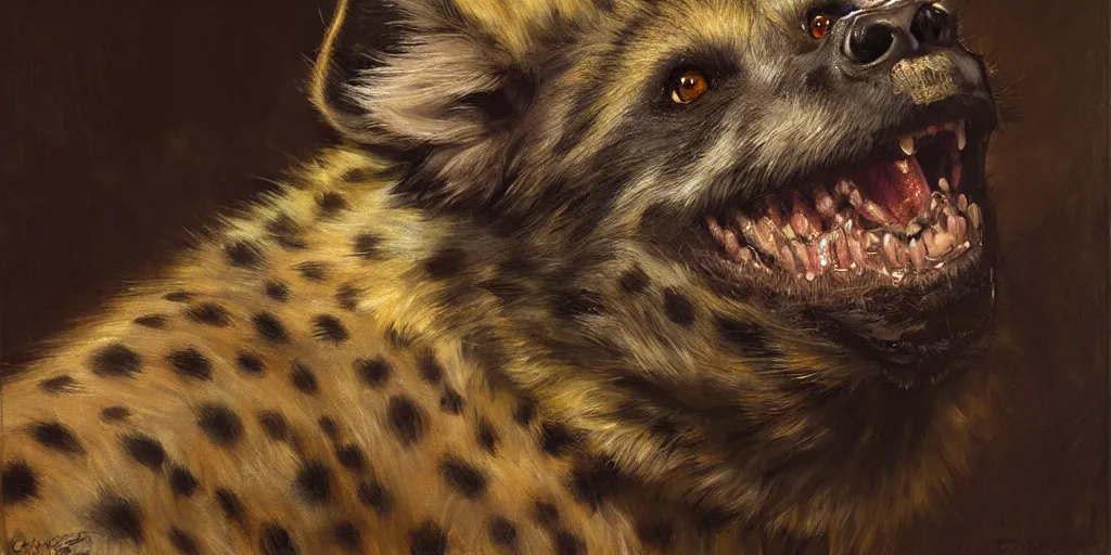 Image similar to a portrait of a hyenaman gnoll smiling looking at the viewer. highly detailed painting by gaston bussiere, craig mullins, j. c. leyendecker 8 k