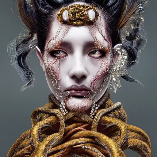 Image similar to portrait of a Shibari rope wrapped face and neck, headshot, insanely nice professional hair style, dramatic hair color, digital painting, of a old 18th century, Royal Emperor, amber jewels, baroque, ornate clothing, scifi, realistic, hyperdetailed, chiaroscuro, concept art, art by Franz Hals and Jon Foster and Ayami Kojima and Amano and Karol Bak,