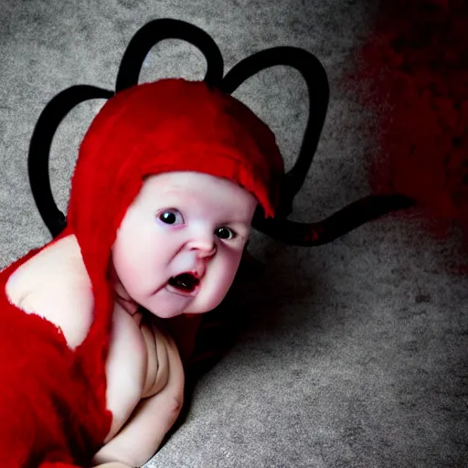 Prompt: frightening demon baby, horror, hyper realistic, red and black theme, horror