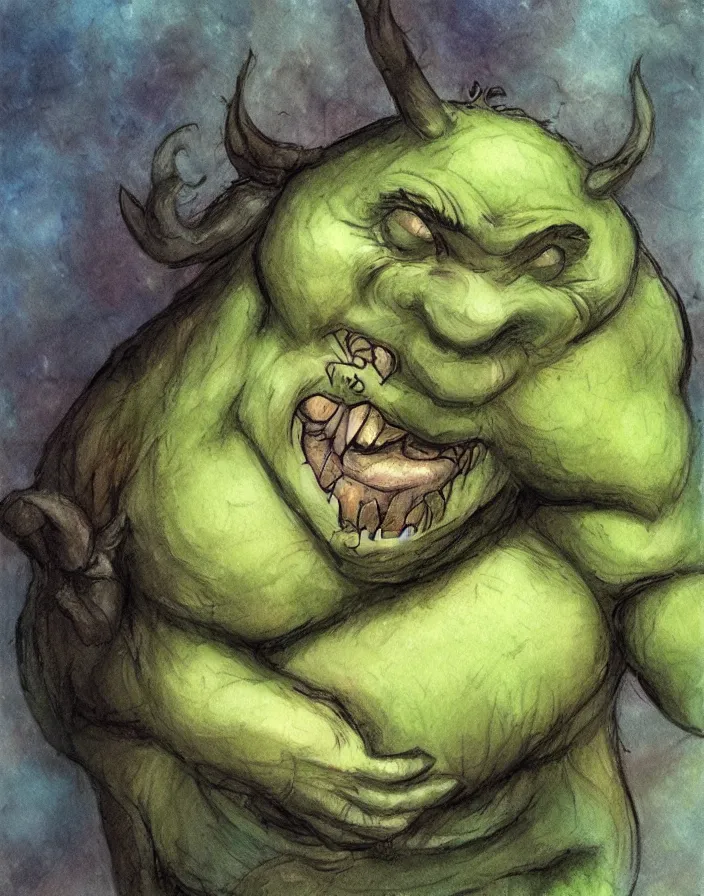 Prompt: cute little ogre, in the style of Tony Diterlizzi and Brian Froud, painterly