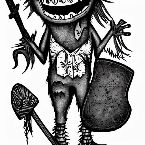 Prompt: grunge drawing of a cartoon disfigured monster holding an axe by mrrevenge, corpse bride style, horror themed, detailed, elegant, intricate