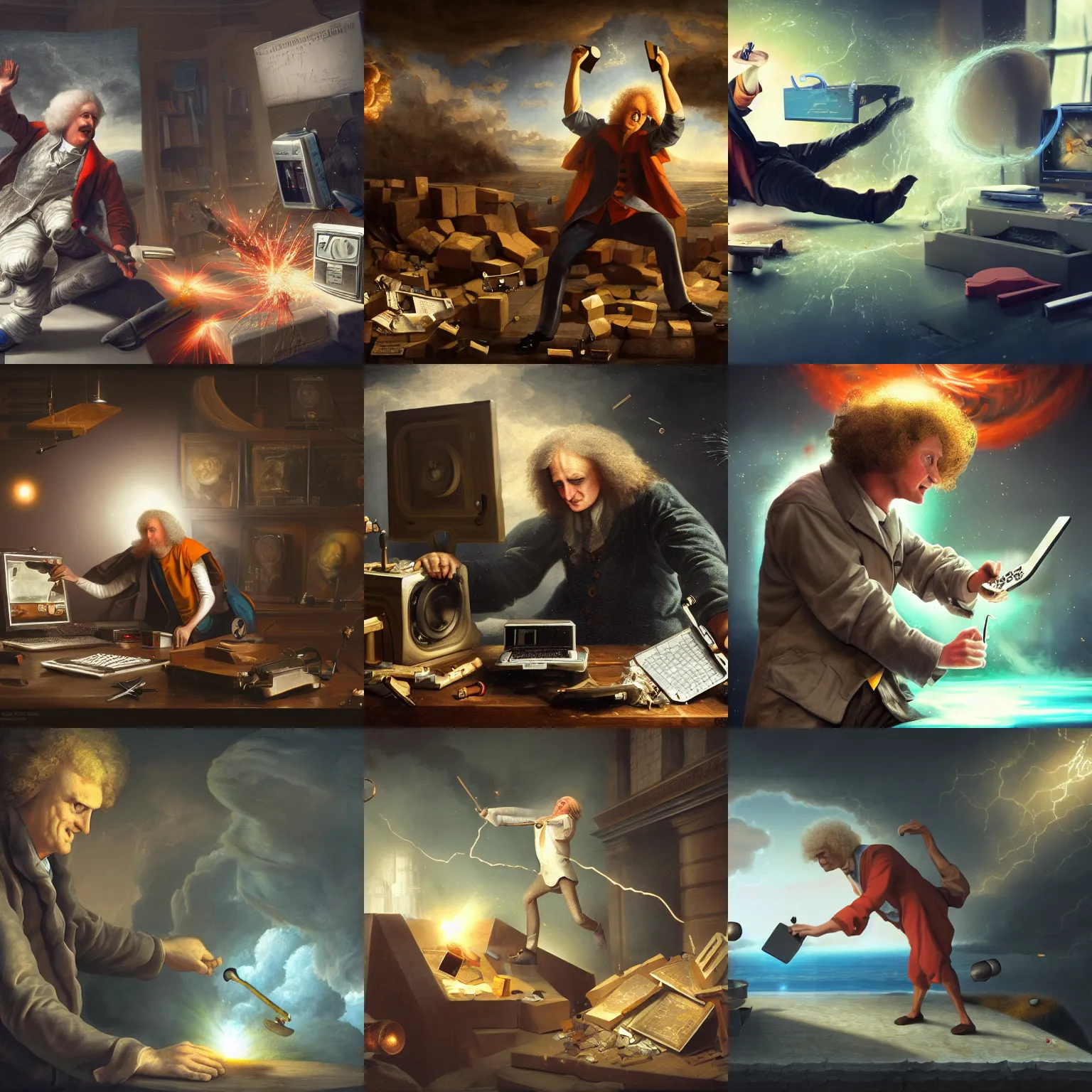 Prompt: mad isaac newton crashing a computer with a hammer, highly detailed photo, digital painting, artstation, concept art, matte, sharp focus, 4 k, hdr, smooth, high resolution, award - winning photo, photorealistic, large shot