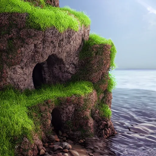 Prompt: overgrown stone cave at the beach, lush foliage, light rays, highly detailed, small ship in shallow waters, octane render, hyperrealistic