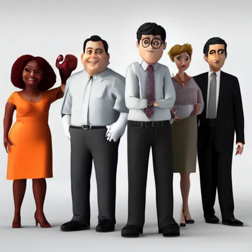 Prompt: full body 3d render of The office tv series, studio lighting, white background, blender, trending on artstation, 8k, highly detailed, disney pixar 3D style