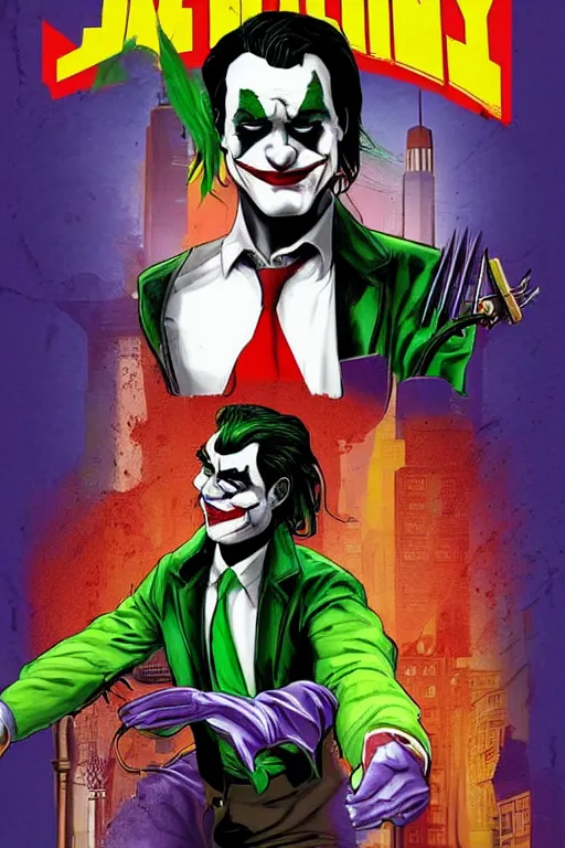 Prompt: joaquin phoenix as joker, comic book cover, issues 2 0, by dc comics, justify content center, delete duplicate object content!, violet polsangi pop art, gta chinatown wars art style, bioshock infinite art style, incrinate, realistic anatomy, hyperrealistic, 2 color, white frame, content balance proportion