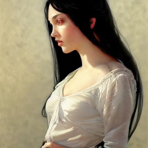 Image similar to portrait of teenage girl with long glossy black hair, glowing skin, delicate features, victoria wallace, fantasy, intricate, elegant, dress shirt and tie, highly detailed, digital painting, artstation, concept art, smooth, sharp focus, illustration, art by Krenz Cushart and Artem Demura and alphonse mucha