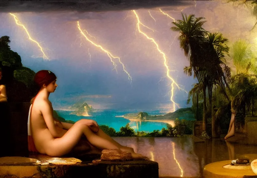 Image similar to Girl at the palace, refracted sparkles, thunderstorm, greek pool, beach and Tropical vegetation on the background major arcana sky, by paul delaroche, hyperrealistic 4k uhd, award-winning, very very very detailed