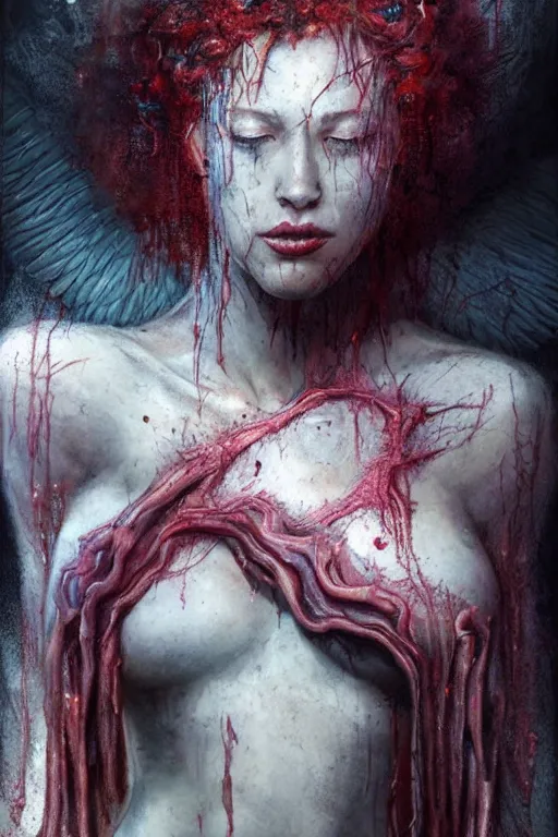 Image similar to a biblically accurate angel beautiful and terrifying,melting,viscous sinew,full character design,8k,by Stanley Artgermm,Tom Bagshaw,Greg Rutkowski,Carne Griffiths,Ron English,Linsey Levendall,Giger,trending on DeviantArt,face enhance,hyper detailed,minimalist,horror,full of colour,cinematic,dynamic lighting