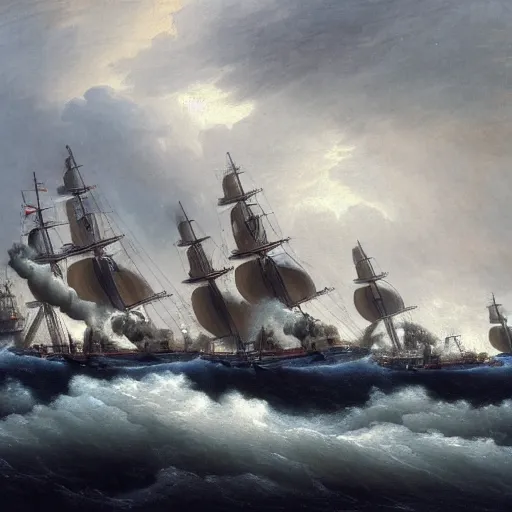 Image similar to trafalgar naval battle, stormy weather