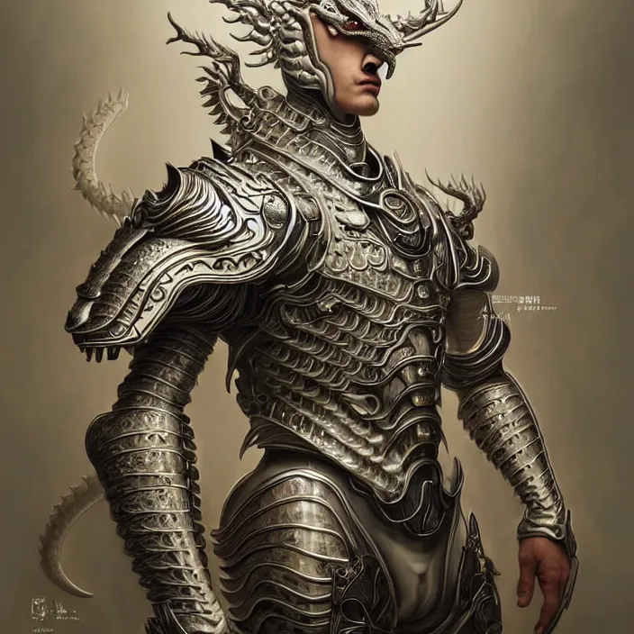 Prompt: man wearing porcelain cyborg armor, Chinese Kangxi dragon pattern porcelain, diffuse lighting, fantasy, intricate, elegant, highly detailed, lifelike, photorealistic, digital painting, artstation, illustration, concept art, smooth, sharp focus, art by John Collier and Albert Aublet and Krenz Cushart and Artem Demura and Alphonse Mucha