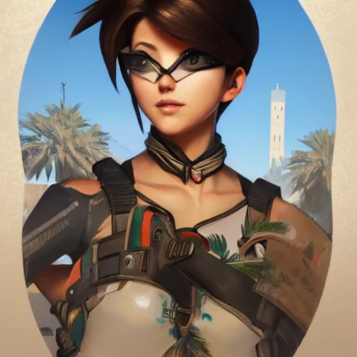 Image similar to portrait of tracer from overwatch travels in marrakech streets, morocco, palm trees, mosque, highly detailed, digital painting, artstation, concept art, smooth, sharp focus, illustration, art by artgerm and greg rutkowski and alphonse mucha