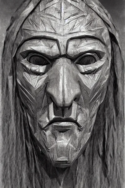 Image similar to portrait, headshot, digital painting, an old shaman in slavic angular carved wood mask, realistic, hyperdetailed, chiaroscuro, concept art, art by frans hals