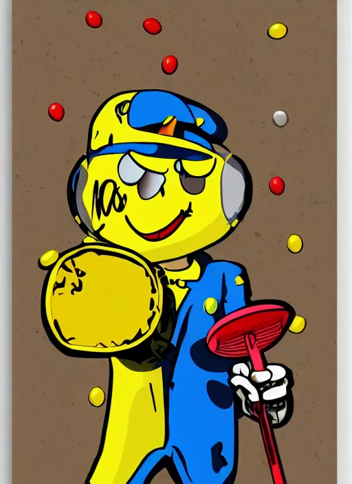 Image similar to yellow mnm candy mascot dressed as rapper eminem holding microphone, digital art, hd