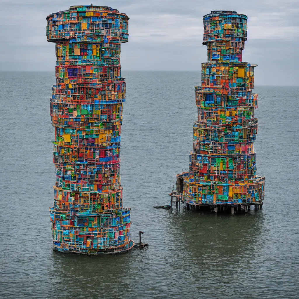 Image similar to a circular tower, made up of colourful makeshift squatter shacks suspended over water, dystopia, sony a 7 r 3, f 1 1, fully frontal view, ultra detailed, photographed by hiroshi sugimoto,