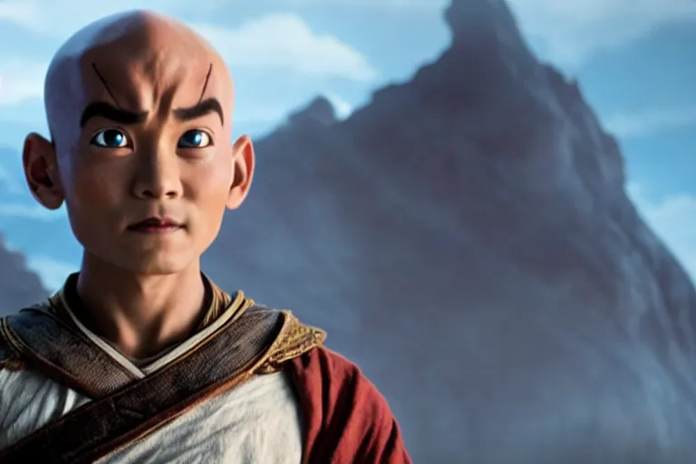 Image similar to live action film still of aang in the new fantasy movie, cinematic lighting