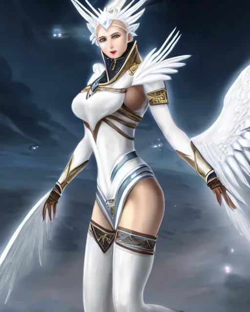 Image similar to perfect white haired egyptian goddess wearing white dove wings, warframe armor, regal, attractive, ornate, sultry, beautiful, ice queen, half asian, pretty face, blue eyes, detailed, scifi platform, 4 k, ultra realistic, epic lighting, android body, illuminated, cinematic, masterpiece, art by akihito tsukushi, voidstar