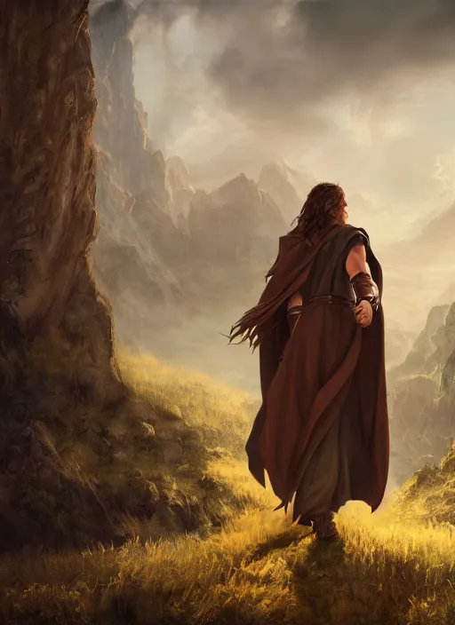 Image similar to An epic fantasy comic book style portrait painting of a young man with a long brown hair, a cloak waving in the wind in front of an epic fantasy landscape, unreal 5, DAZ, hyperrealistic, octane render, cosplay, RPG portrait, dynamic lighting