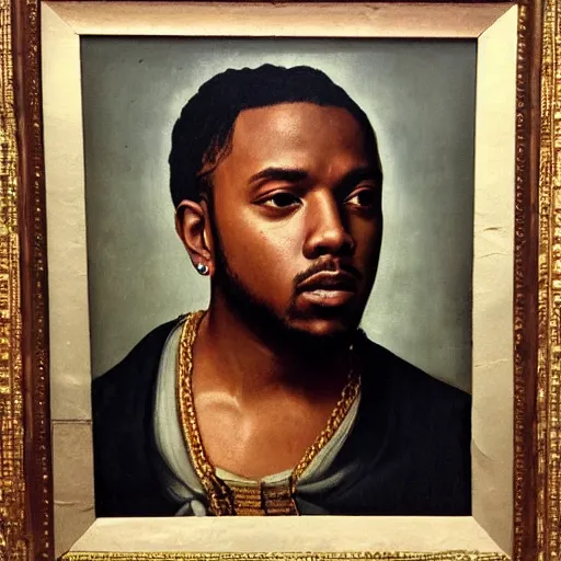 Image similar to a renaissance style portrait painting of kendrick lamar