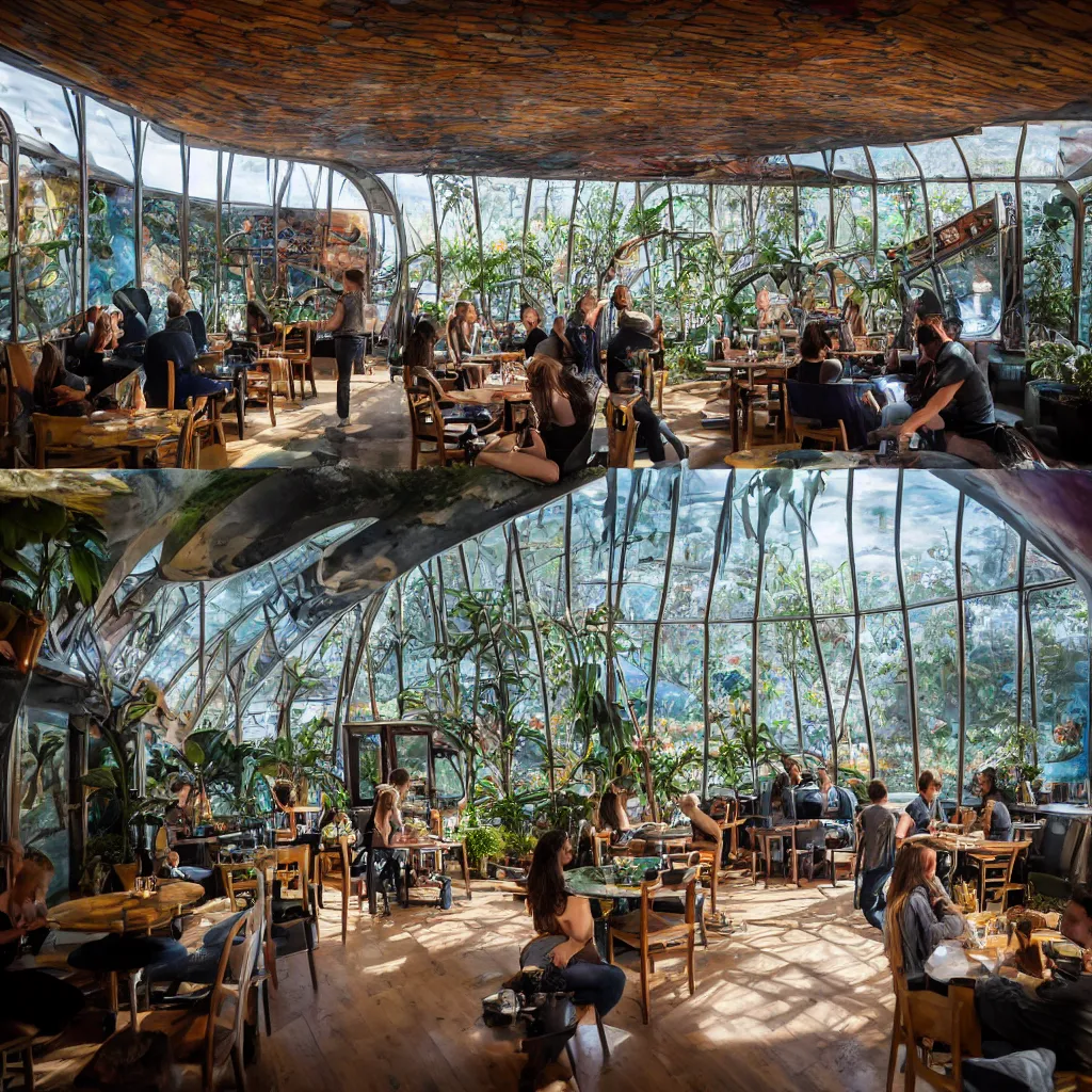 Image similar to inside luxurious earthship cafe with sunken lounge and indoor garden with skylights, barista and artist painting an alex grey mural on the wall, XF IQ4, 150MP, 50mm, F1.4, ISO 200, 1/160s, dawn