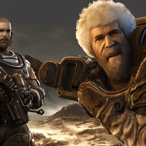 Image similar to Bob Ross in Gears of War, gloomy unreal engine 5 render