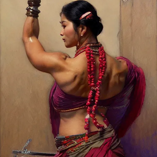 Prompt: a fit and muscular nepali woman from side wearing sari. highly detailed painting by gaston bussiere, craig mullins, j. c. leyendecker 8 k