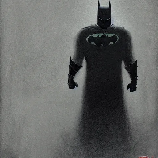 Prompt: Batman on a street in Gotham, in the style of Zdzislaw Beksinski