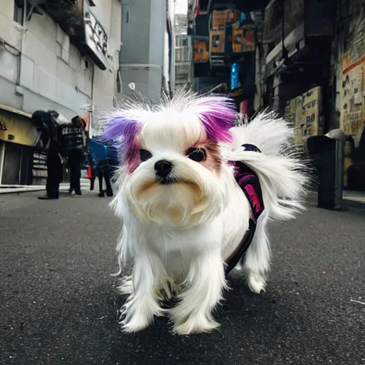 Image similar to a cyberpunk maltese dog