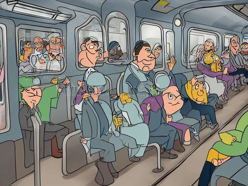 Image similar to a flat shaded cartoon character in a photo real subway car