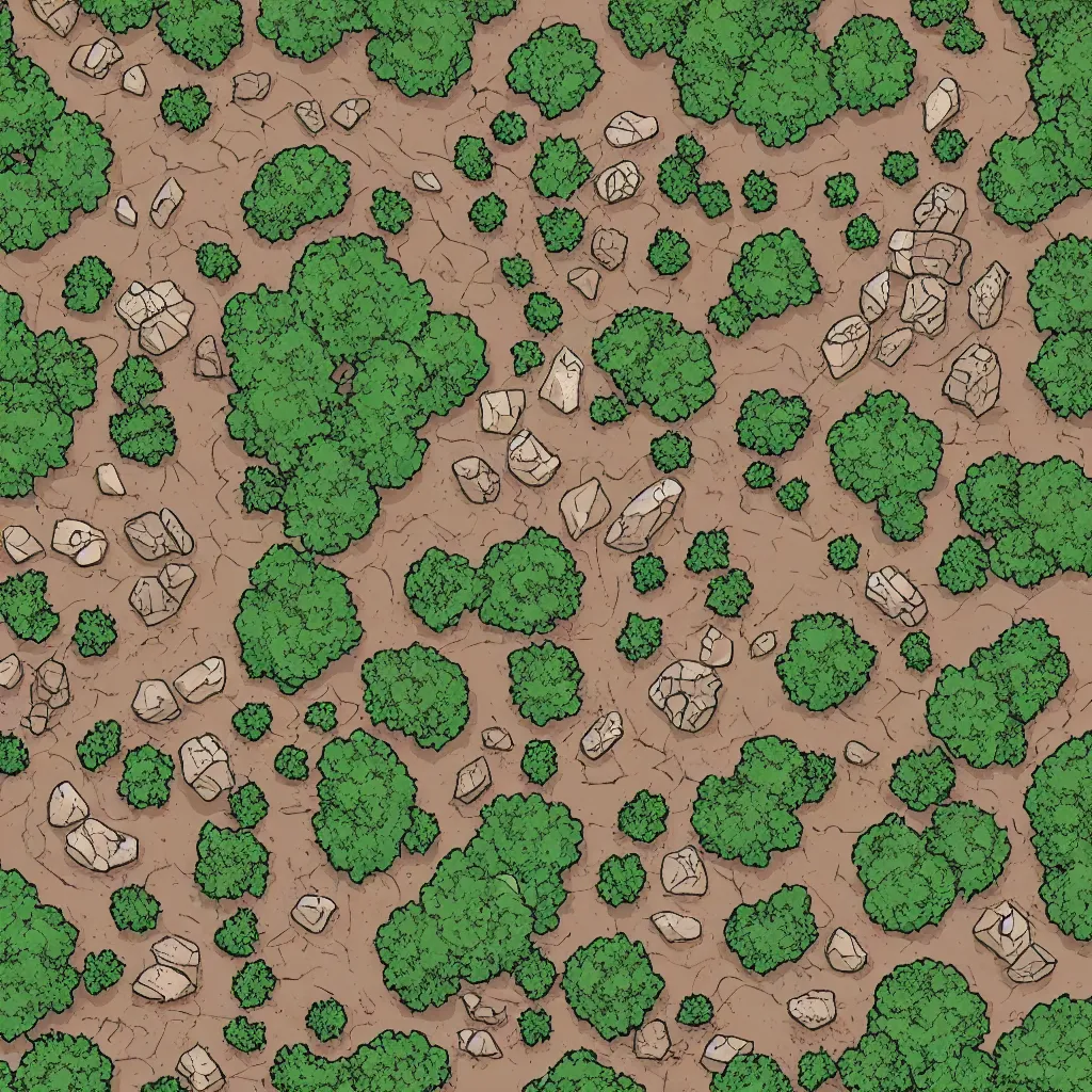 Image similar to lineart aerial view tileset : ground, tree, rock and wizard tower