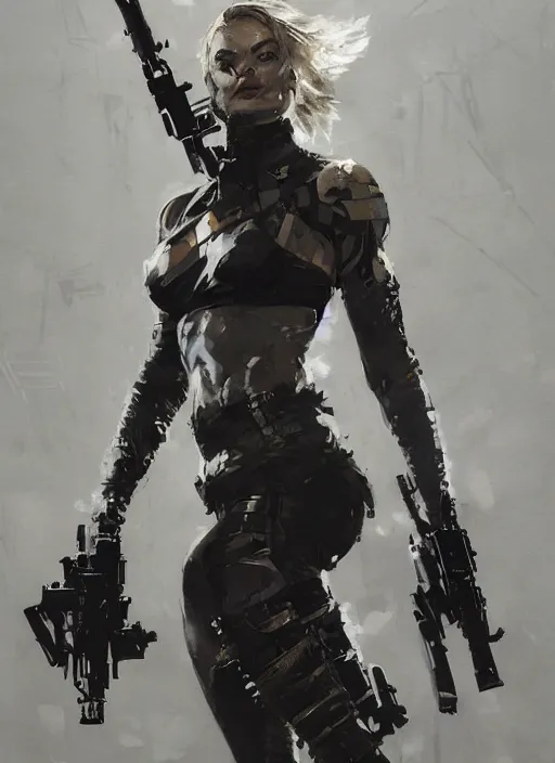 Image similar to Margot Robbie wearing metal gear armor holding ak-47 dramatic lighting art by Yoji Shinkawa by Richard Schmid by greg rutkowski by Sandra Chevrier by Jeremy Lipking cinematic dramatic