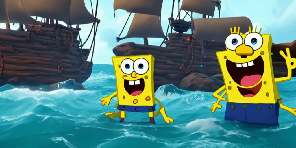 Image similar to selfie of sponge bob squarepants as a sea of thieves character, sea of thieves screenshot, storm, unreal engine, digital art