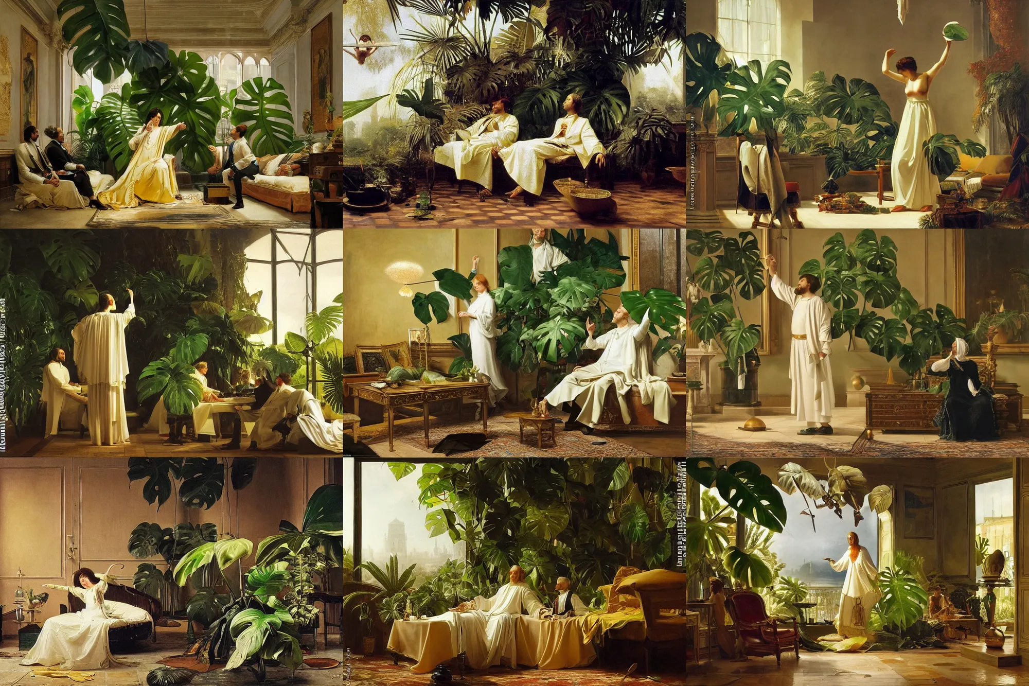 Prompt: a holy monstera adsonii floating in mid air with a golden aura, realistic painted by Ludwig Deutsch and Rudolf Ernst, strong dramatic cinematic lighting, smooth, sharp focus, extremely detailed