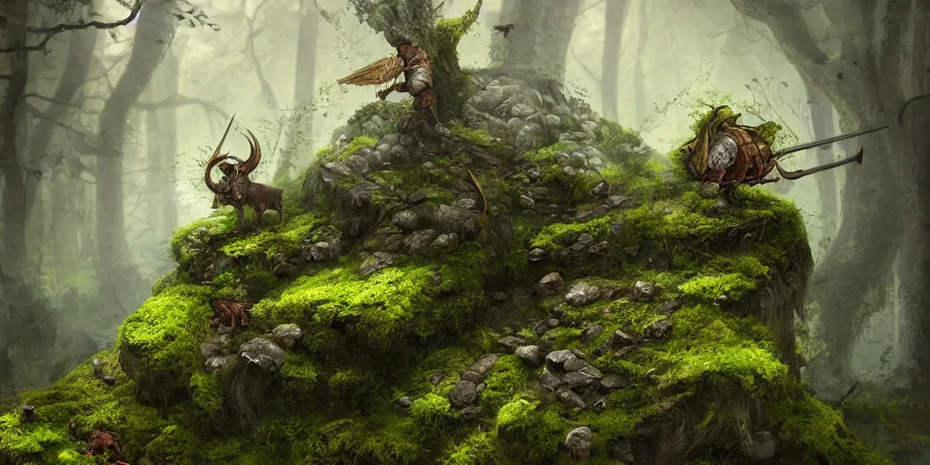 Image similar to Viking mount with bauta stones, densley overgrown with moss, plants, flowers, ferns, some fireflies flying in the air, atmospheric, amazing and immaculate scale, trending on Artstation, digital art