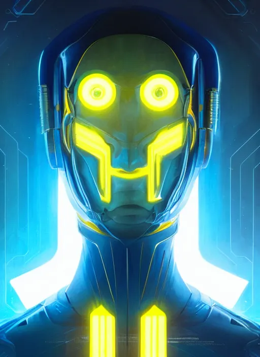 Image similar to symmetry portrait of a man with a grin, sci - fi, tech wear, blue and yellow glowing lights, intricate, elegant, highly detailed, digital painting, artstation, concept art, smooth, sharp focus, illustration, art by artgerm and greg rutkowski and alphonse mucha