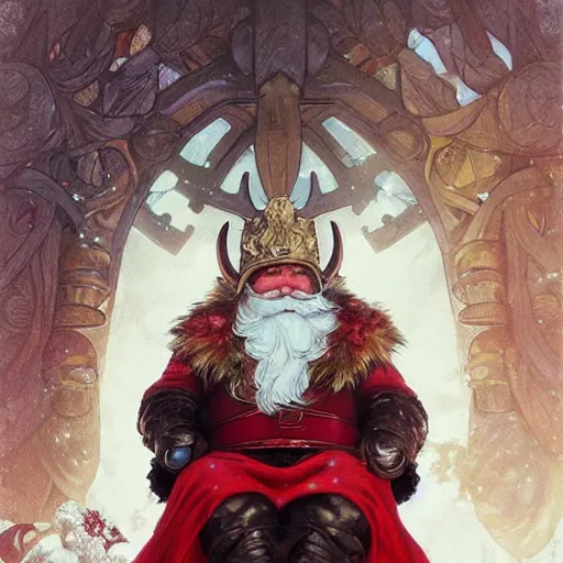 Image similar to santa claus wearing a viking helmet, art by artgerm, greg rutkowski and alphonse mucha