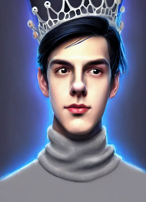 Image similar to portrait of teenage jughead jones wearing a light grey crown, crown, blue turtleneck, 1 9 5 0 s, closed eyes, photorealistic, black hair, glowing lighting, intricate, elegant, glowing lights, highly detailed, digital painting, artstation, concept art, smooth, sharp focus, illustration, art by wlop, mars ravelo and greg rutkowski