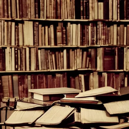 Prompt: a pile of books on a bedside table, citizen kane ( 1 9 4 1 )