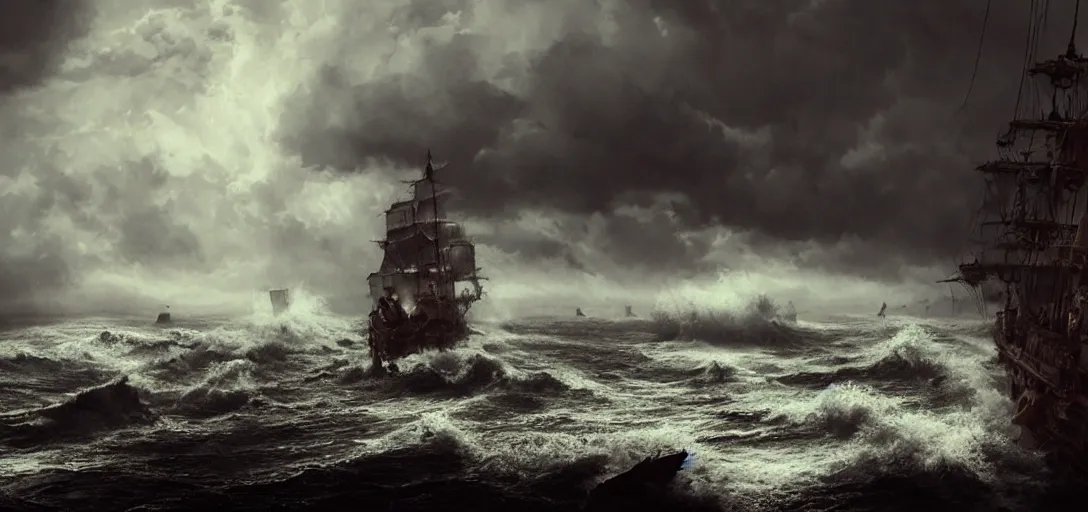 Image similar to wild ocean storm at night, old wooden pirate ship appearing from fog, dramatic lighting, cinematic, establishing shot, extremly high detail, foto realistic, pirates of the carribean, cinematic lighting, post processed, concept art, artstation, matte painting, style by eddie mendoza, raphael lacoste, alex ross