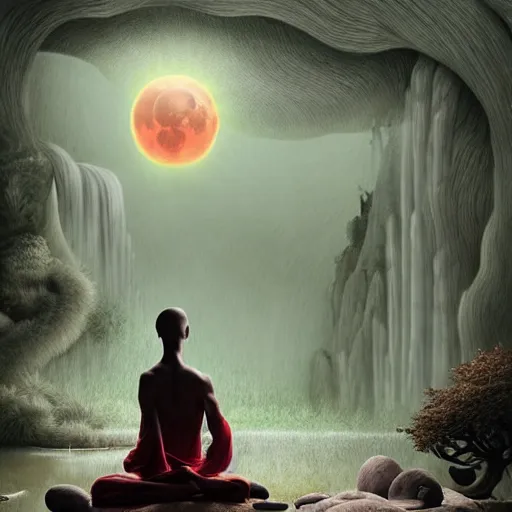 Prompt: an anthromorphic wolf dressed like a shaolin monk meditating in a zen garden with a waterfall under the blood moon, by Adi granov and afarin sajedi and amanda sage and evgeni gordiets and Agostino Arrivabene and adonna khare in a psychedelic portrait style, ultrarealistic matte painting, volumetric lighting, fractal, extremely symmetrical, highly detailed face, orisha, 8k, hd