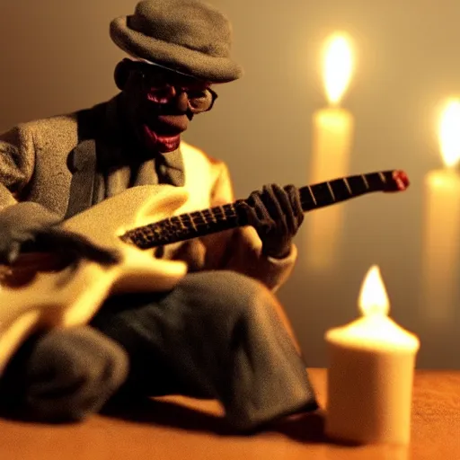 Prompt: a old black man playing guitar, surrealistic detailed claymation art, little candles, foggy