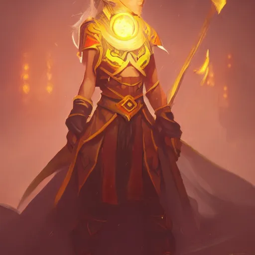 Image similar to a female mage, yellow theme, bright art masterpiece artstation. 8 k, sharp high quality artwork in style of jose daniel cabrera pena and greg rutkowski, concept art by tooth wu, blizzard warcraft artwork, hearthstone card game artwork, holy mage